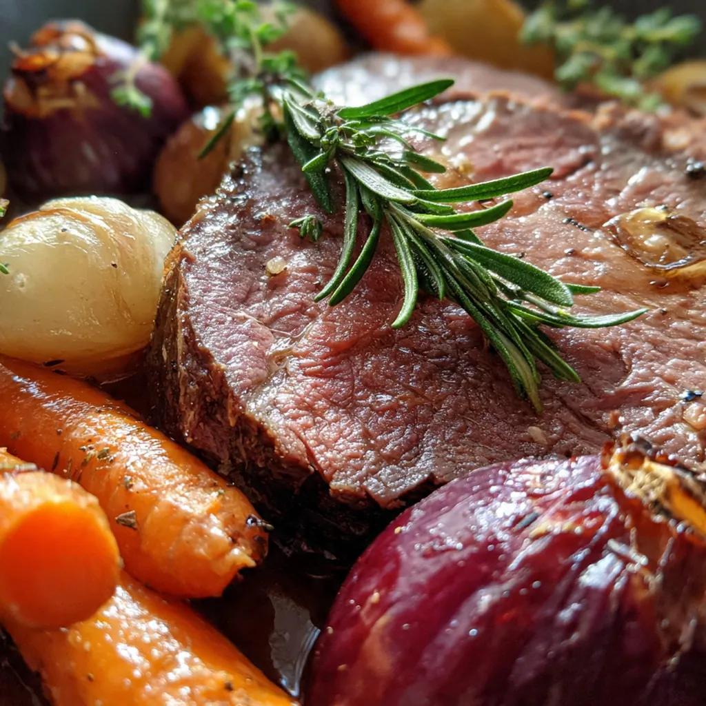 A festive dinner platter featuring carved roast beef, roasted carrots and onions, and a boat of gravy on the side