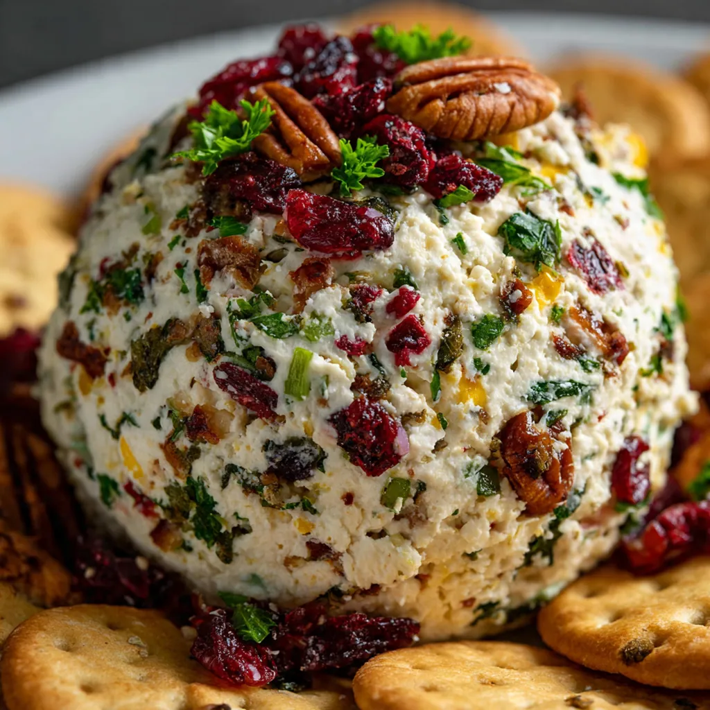 Close-up of a cracker spreading creamy cheese ball with visible chunks of cheddar and blue cheese
