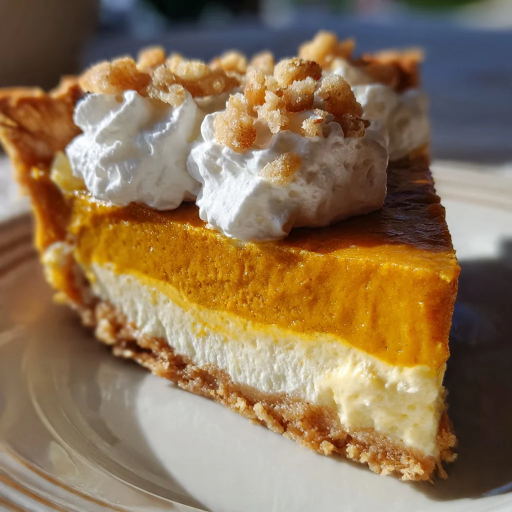 Close-up slice of pumpkin pie showing distinct creamy cheesecake swirls within the spiced filling.