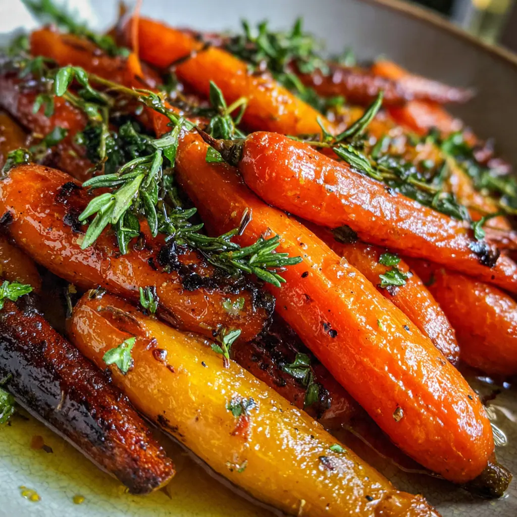 A serving platter of bourbon glazed carrots alongside roasted turkey and mashed potatoes