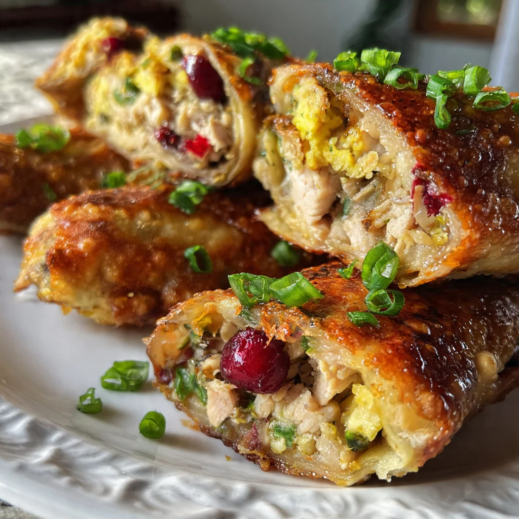 A platter of Thanksgiving egg rolls served with bowls of gravy and cranberry sauce for dipping