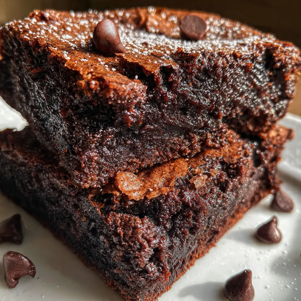 Brownies served warm on a plate with a scoop of vanilla ice cream and chocolate drizzle