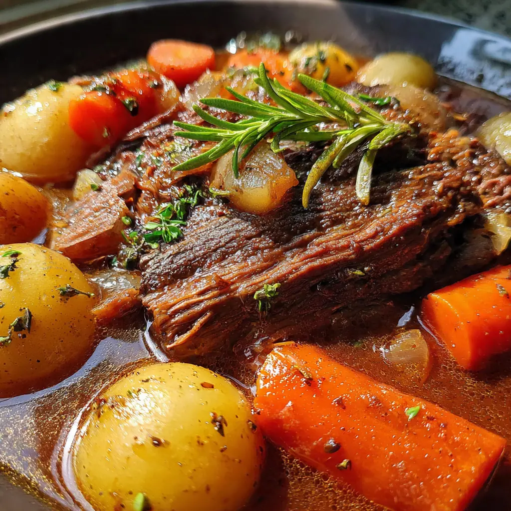 Close-up view of succulent beef chuck roast cubes and vegetables in a savory brown gravy