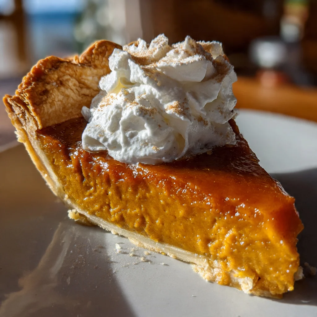 The pie filling being poured into the blind-baked crust, showing its creamy, spiced texture