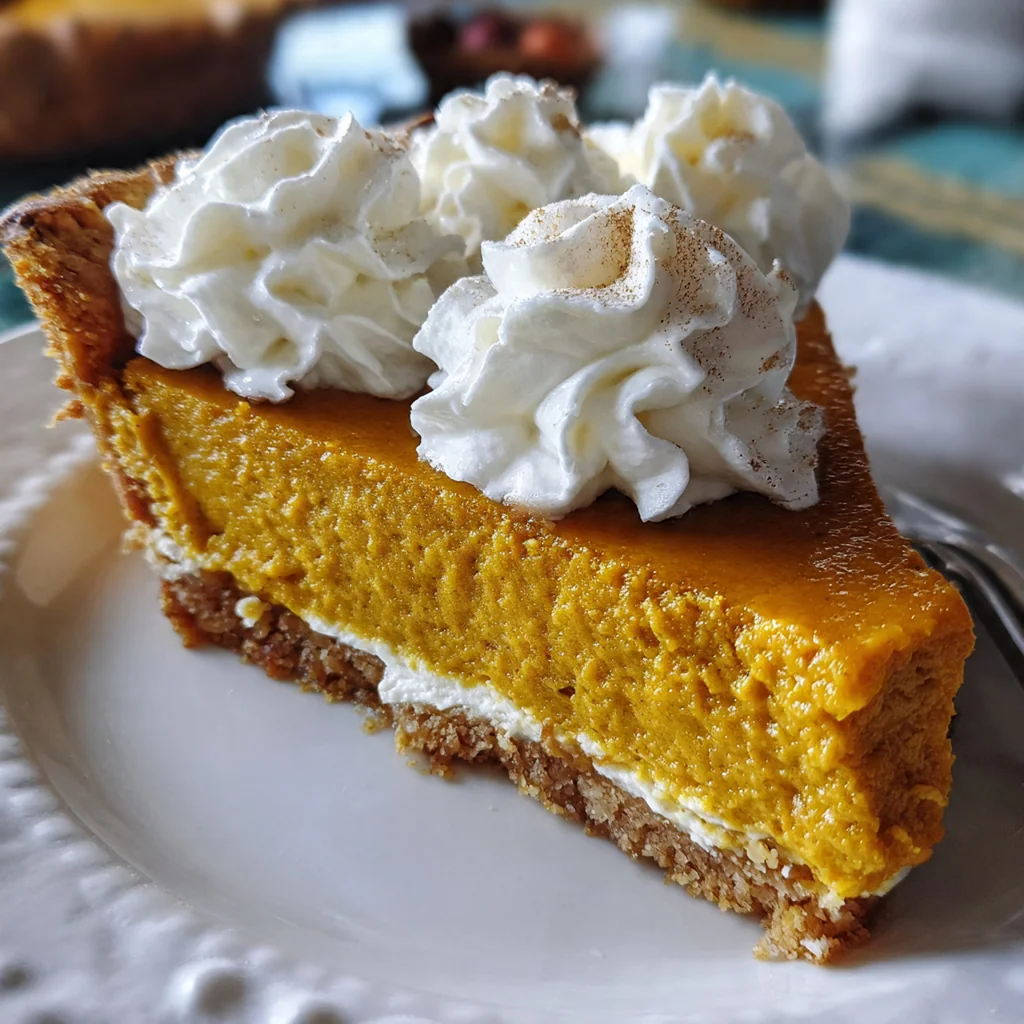 Whole pumpkin cheesecake pie garnished with whipped cream and toasted pecans, ready for serving.