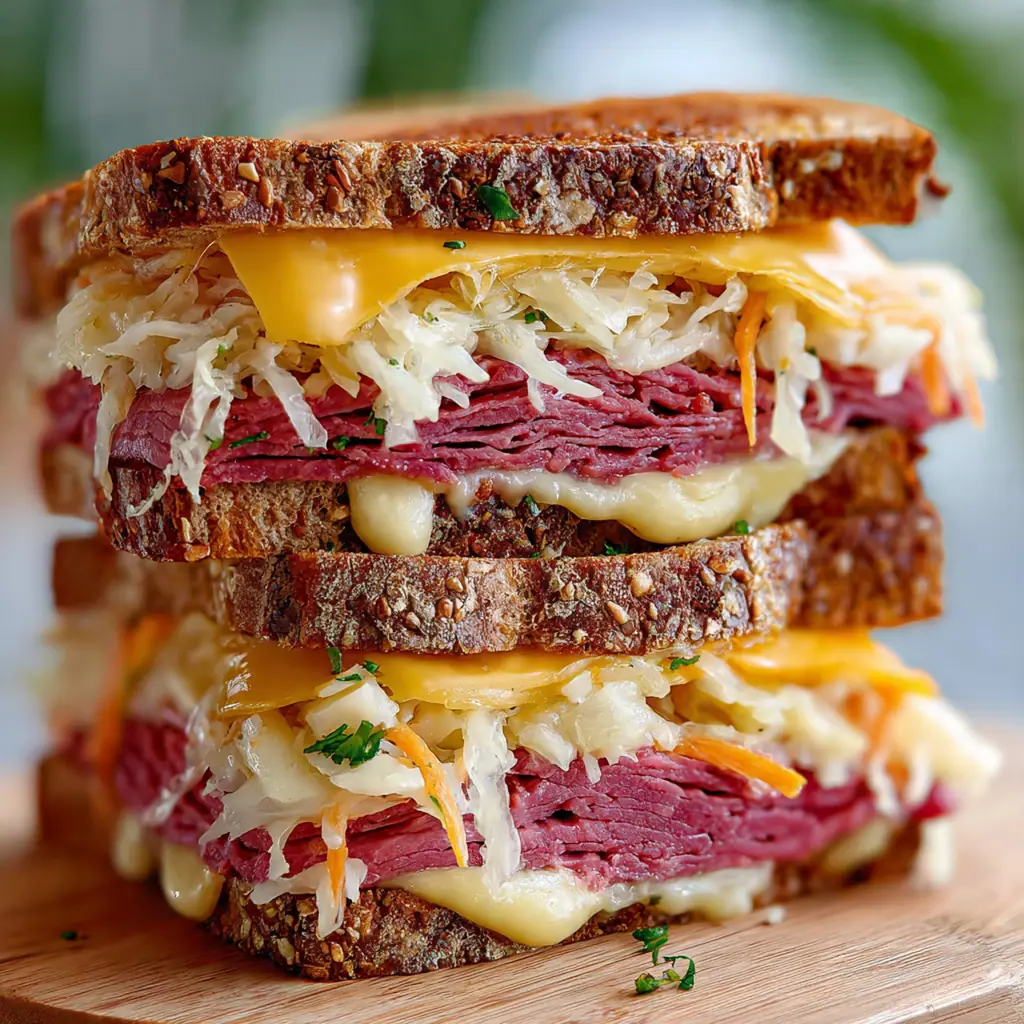 Overhead shot of Reuben sandwich ingredients including seeded rye, corned beef, Swiss cheese, sauerkraut, and homemade Russian dressing