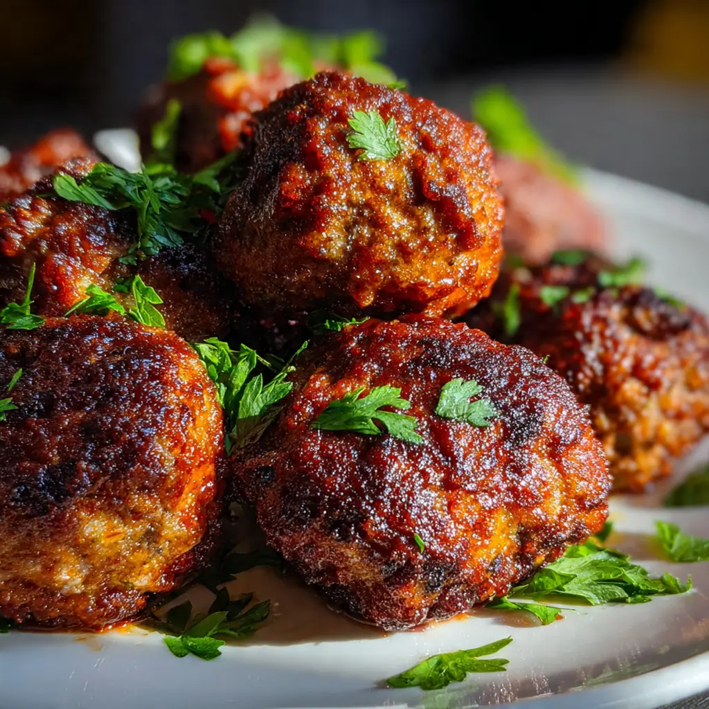 BBQ meatballs served over a bed of creamy mashed potatoes with extra sauce drizzled on top