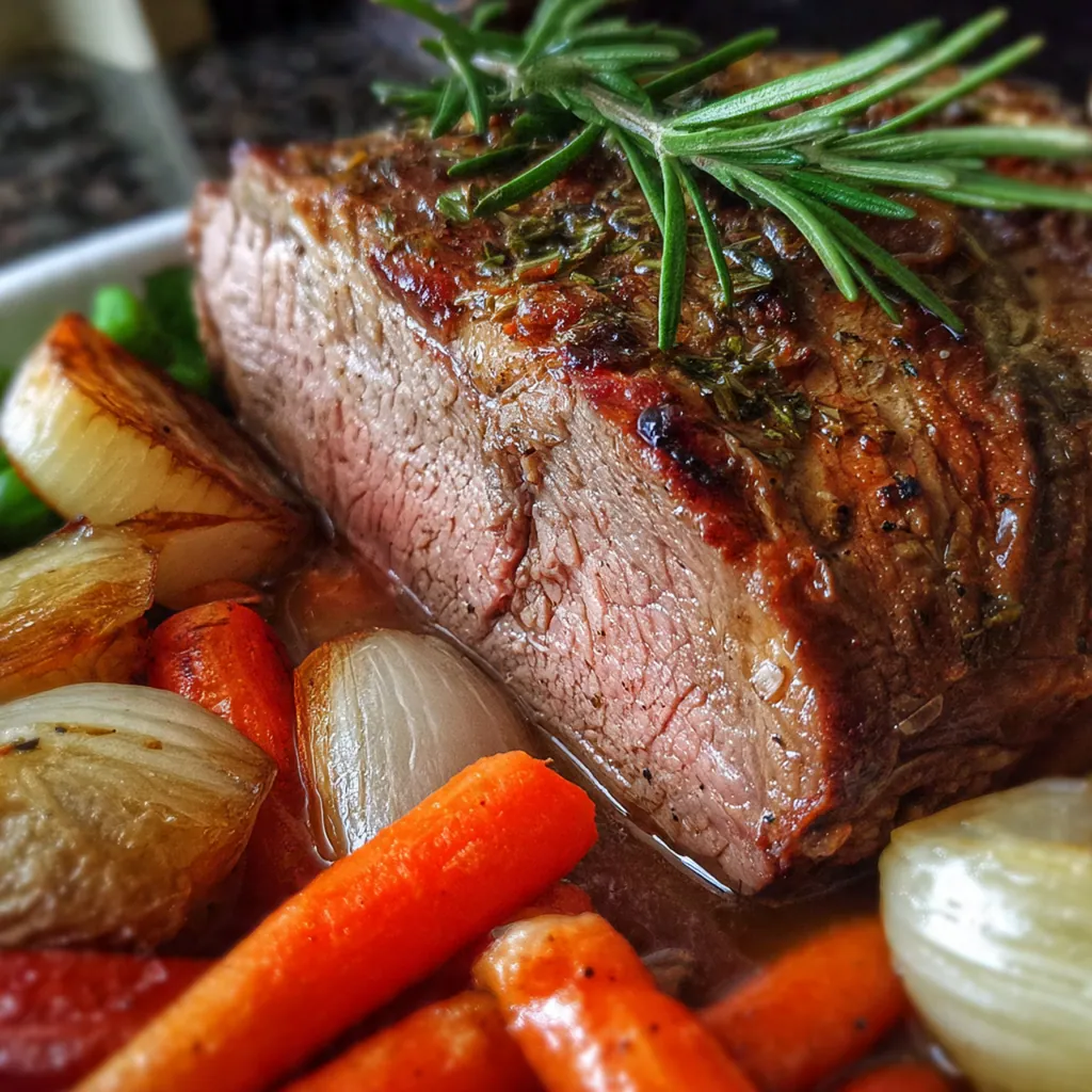 Close-up of thin, perfectly pink slices of roast beef drizzled with rich pan gravy