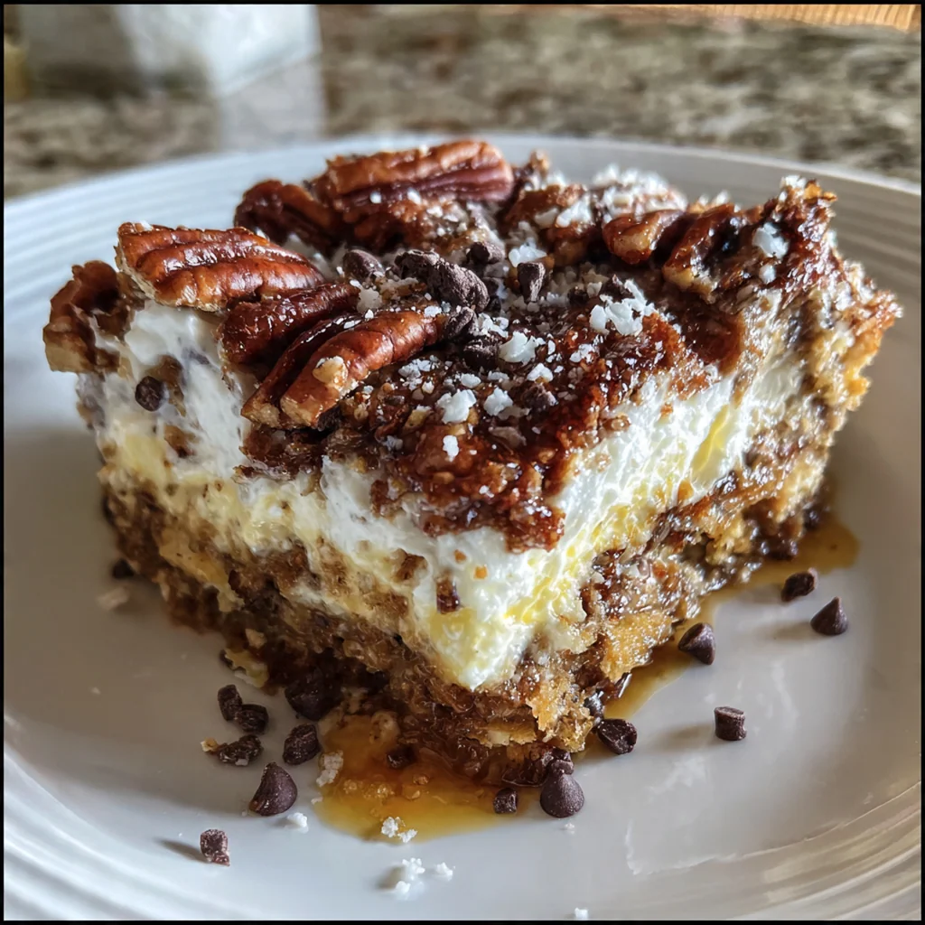 A full pan of pecan pie lasagna garnished with whipped topping and pecan halves ready to serve