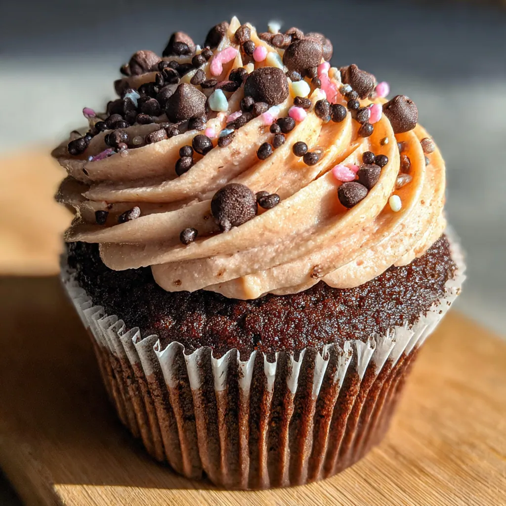 Close-up of a single chocolate cupcake with a bite taken out, showing the moist and tender crumb inside.