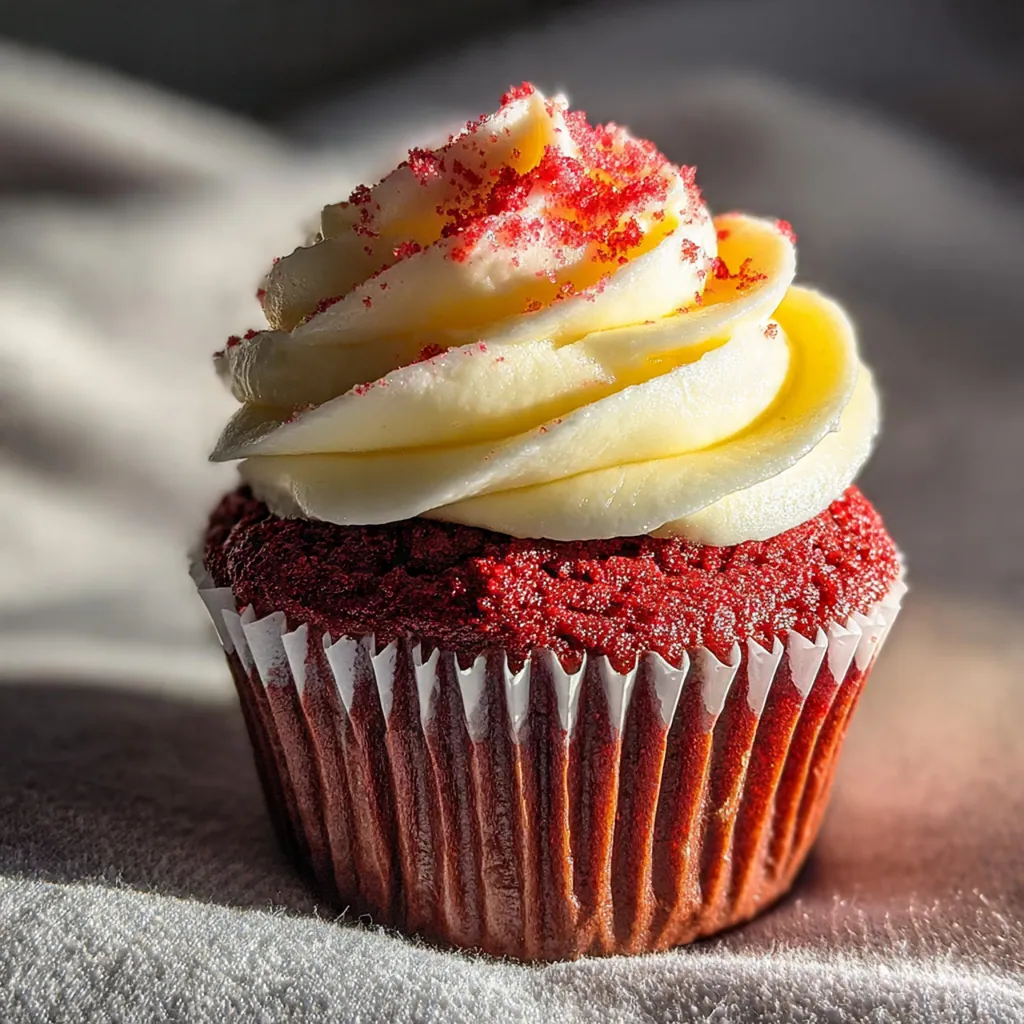 A single red velvet cupcake with a bite taken out, revealing the moist and vibrant red crumb inside.