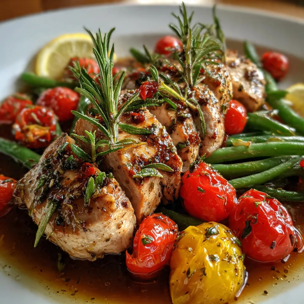 Close-up of sliced turkey tenderloins drizzled with glossy lemon garlic pan sauce
