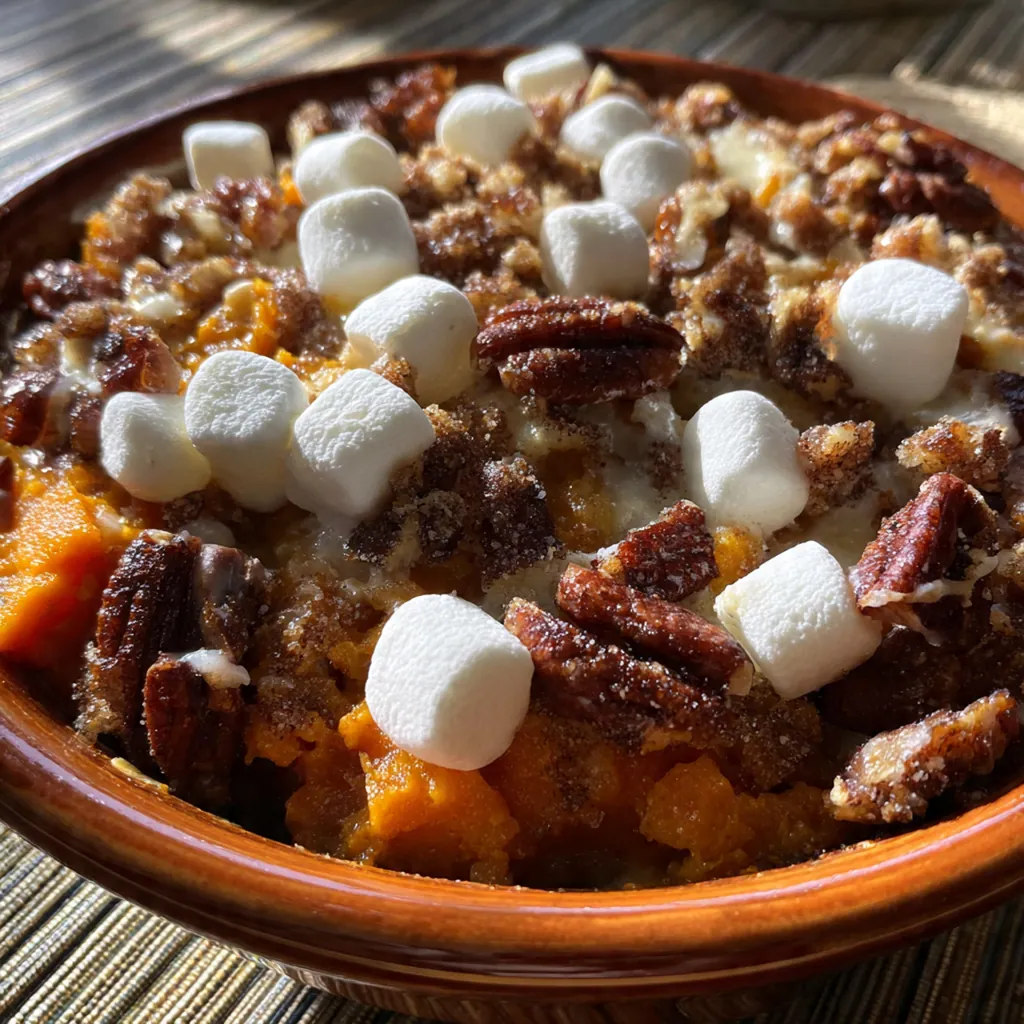 Close-up of a serving spoon breaking through the crunchy pecan topping into the smooth orange sweet potato filling