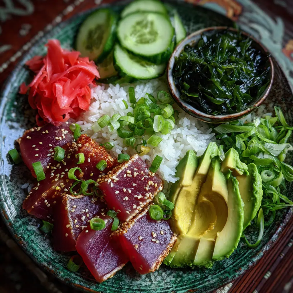 Close-up of a seared tuna steak with a mosaic of black and white sesame seeds