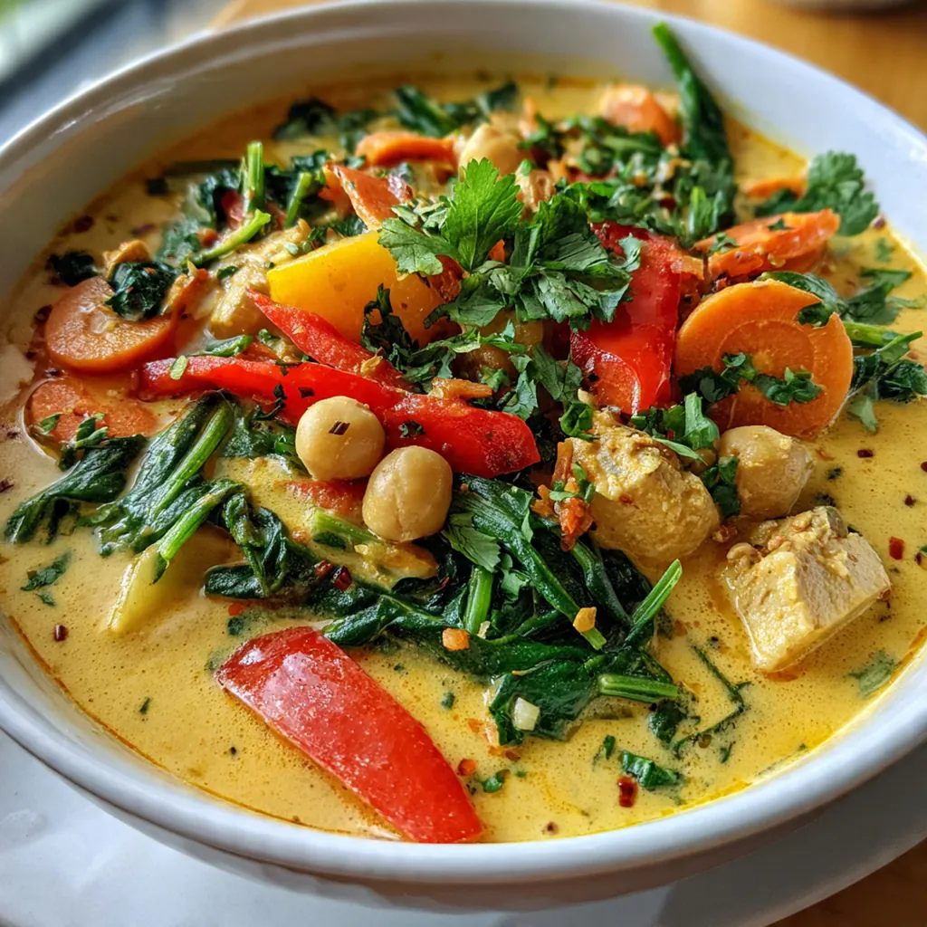 Overhead shot of a spoon dipping into a creamy coconut curry filled with colorful vegetables and basil