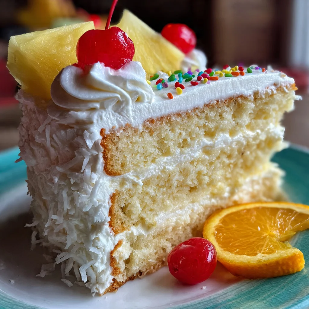 A beautifully presented slice of vanilla cake on a plate with a dusting of powdered sugar and raspberries
