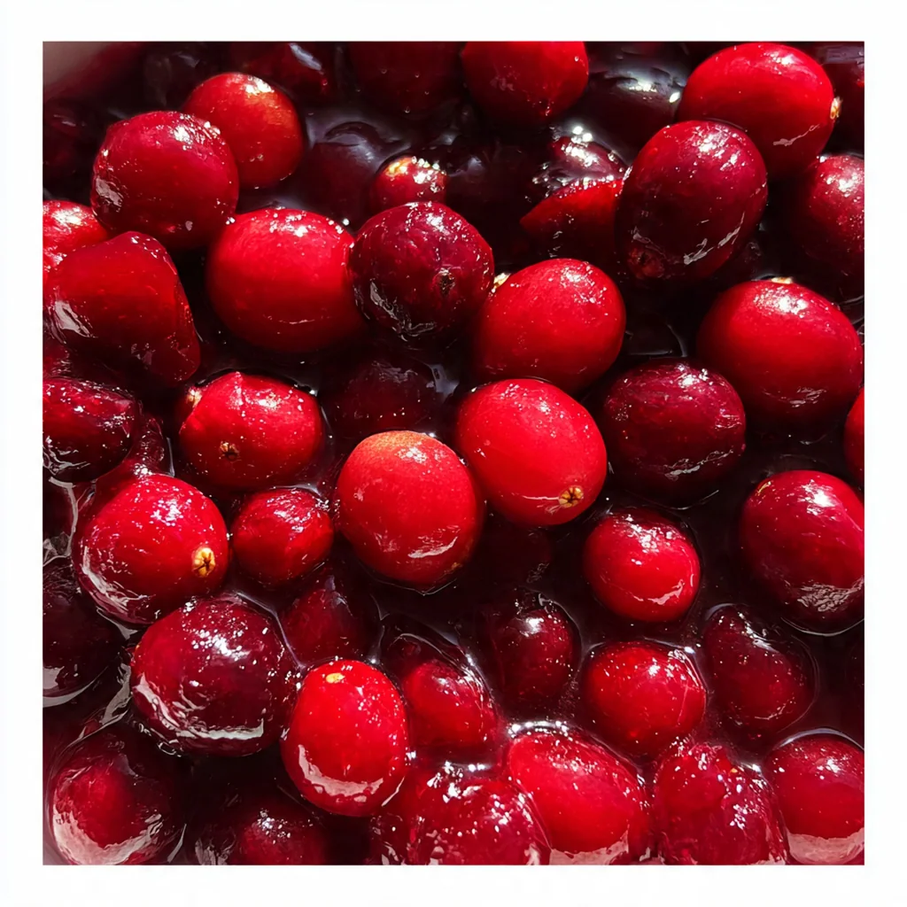 Close-up of glossy orange-spiced cranberry sauce with bursts of red berries and a cinnamon stick