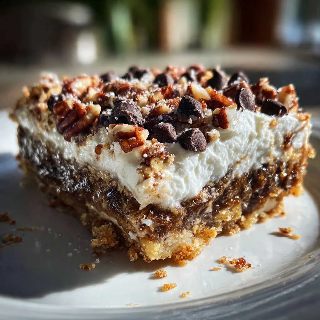 Close up of a square dessert with layers of graham crust, vanilla pudding, and glossy pecans