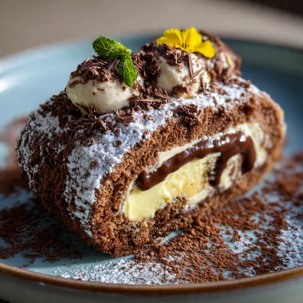 Rustic chocolate log with fork-textured bark frosting on a wooden serving board
