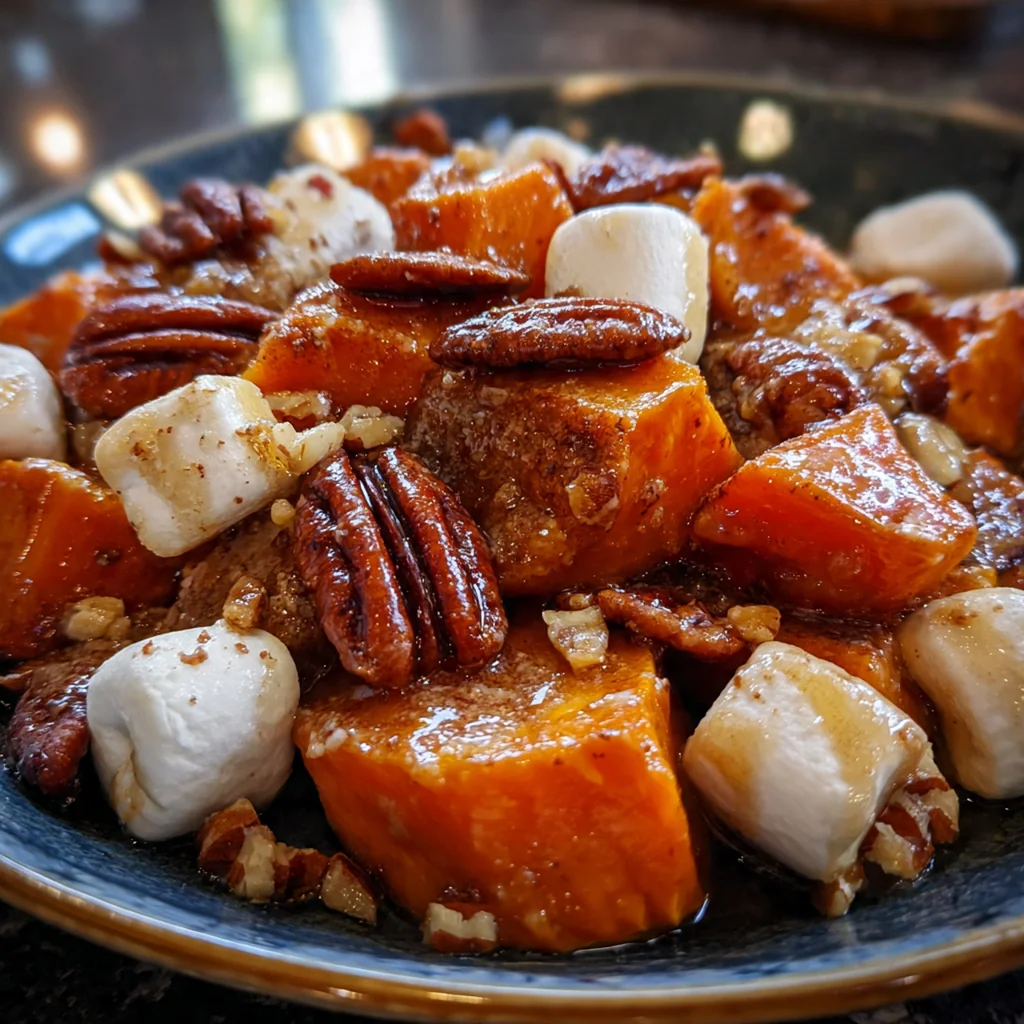 A holiday plate featuring candied yams with toasted marshmallows next to roasted turkey and greens