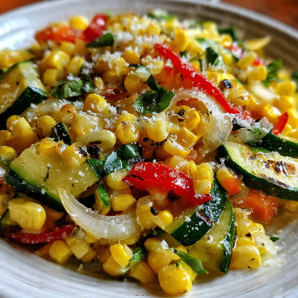 A bowl of fresh corn and zucchini sauté served family-style alongside grilled chicken and crusty bread
