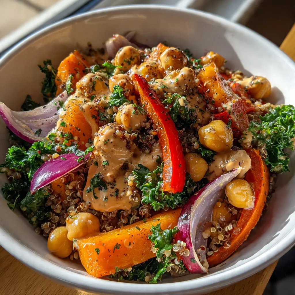 Overhead shot of ingredients for a harvest bowl including chopped kale, lemon, and spiced chickpeas