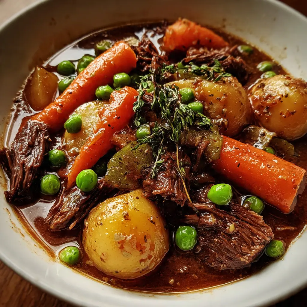 A comforting dinner spread with a pot of beef stew, crusty bread for dipping, and a simple green salad