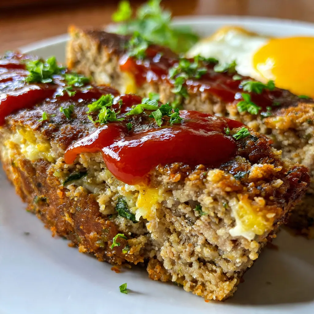 A close-up of a juicy slice of meatloaf showing its tender texture and a sprinkle of fresh parsley.