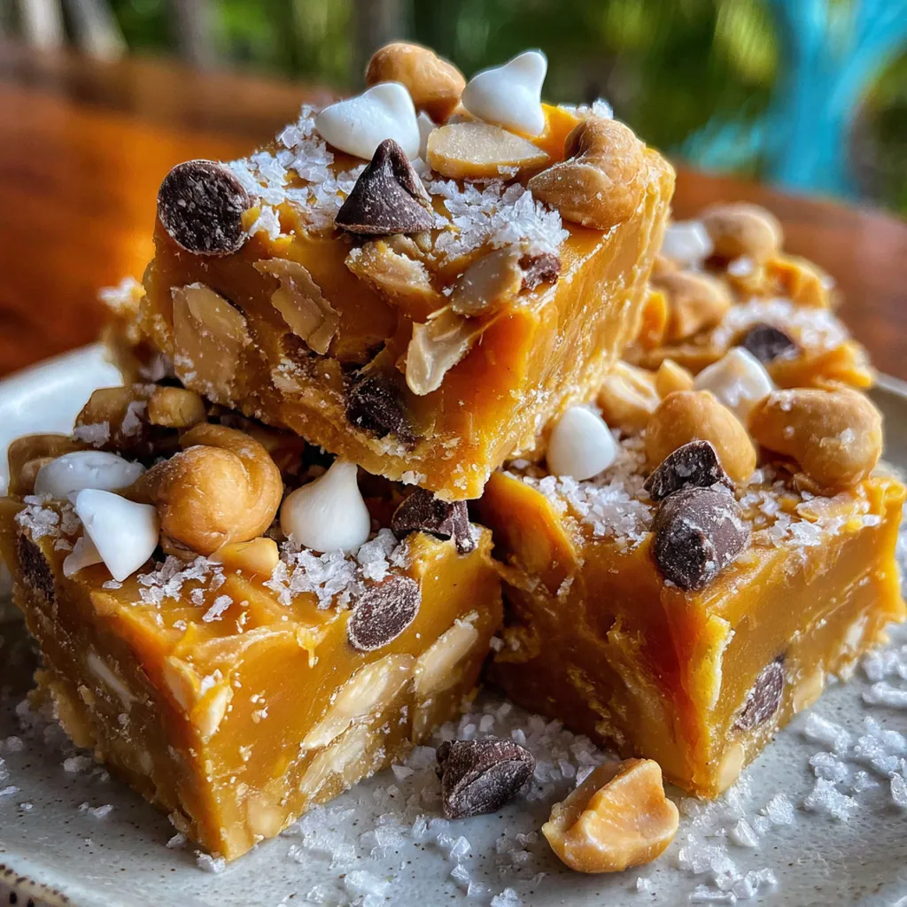 Freshly poured peanut butter fudge in an 8x8 pan, sprinkled with chopped peanuts before it sets.