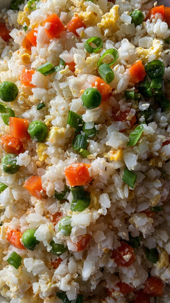 A bowl of cauliflower fried rice topped with cooked shrimp, sesame seeds, and a drizzle of chili oil