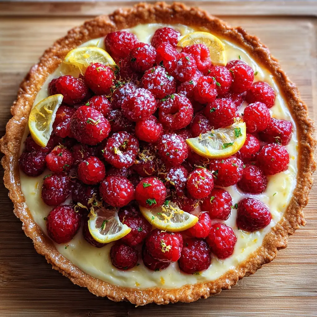 A beautifully garnished plate with a slice of raspberry lemon pie topped with whipped cream, mint, and extra berries