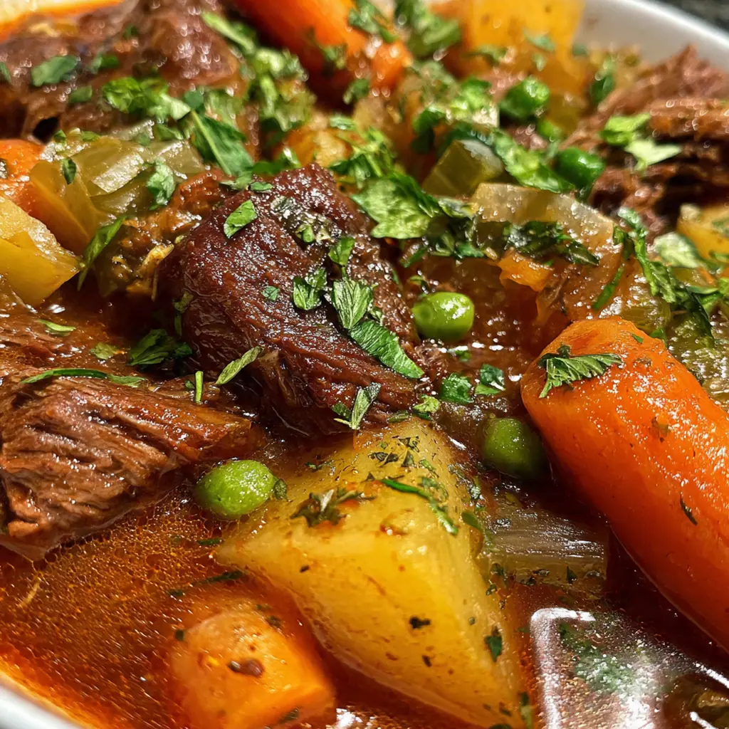 Close-up of succulent beef chuck falling apart alongside sweet carrots and creamy potatoes in a slow cooker
