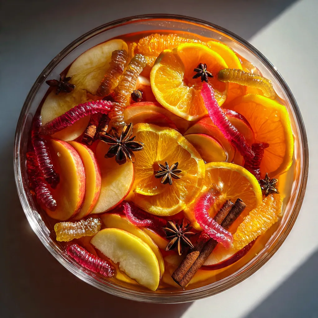 A clear goblet filled with the spooky punch, garnished with a black sugar rim and an orange slice on the edge.