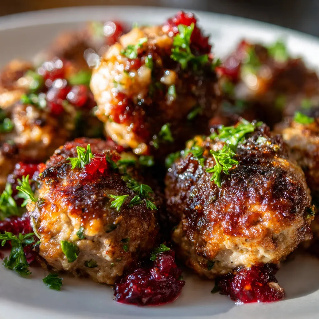 Close-up of a single cranberry meatball on a toothpick, showing the rich and tangy red sauce.