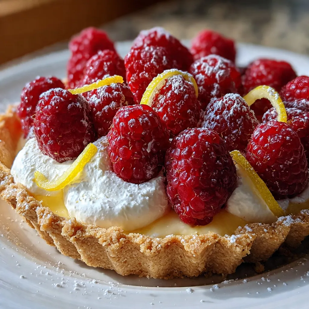 Close-up of a slice of pie showing the flaky crust layers and glossy raspberry lemon filling with whole berries
