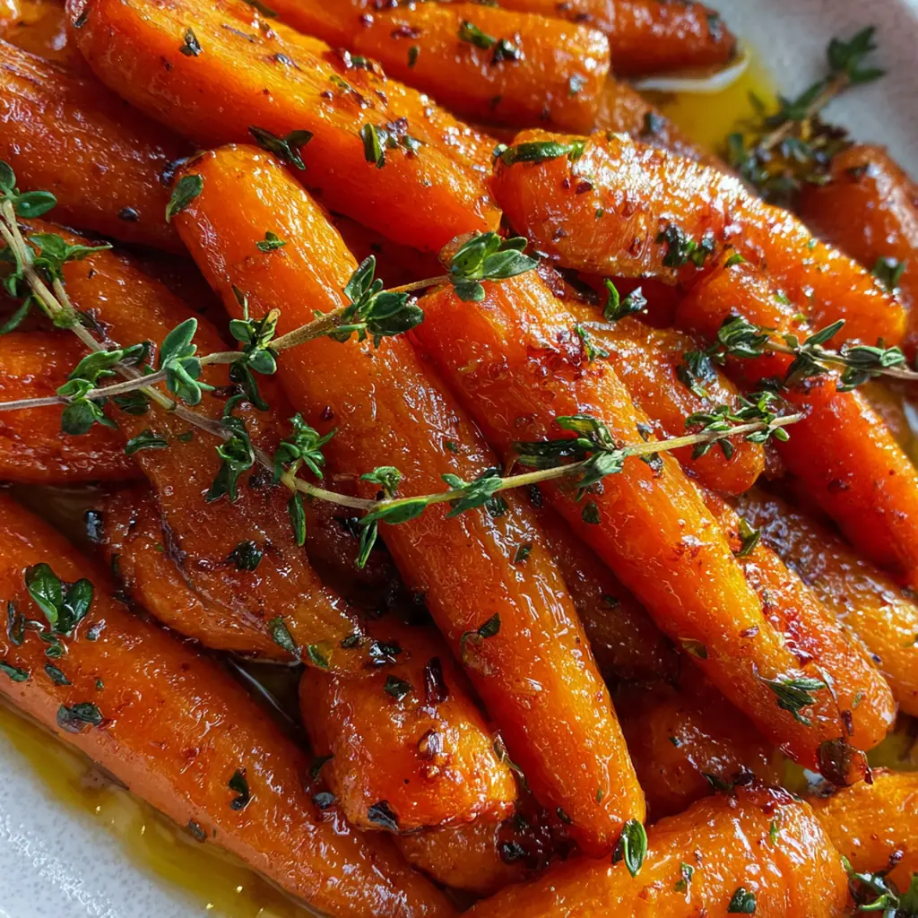 Close-up of caramelized carrots coated in a rich, shiny bourbon glaze