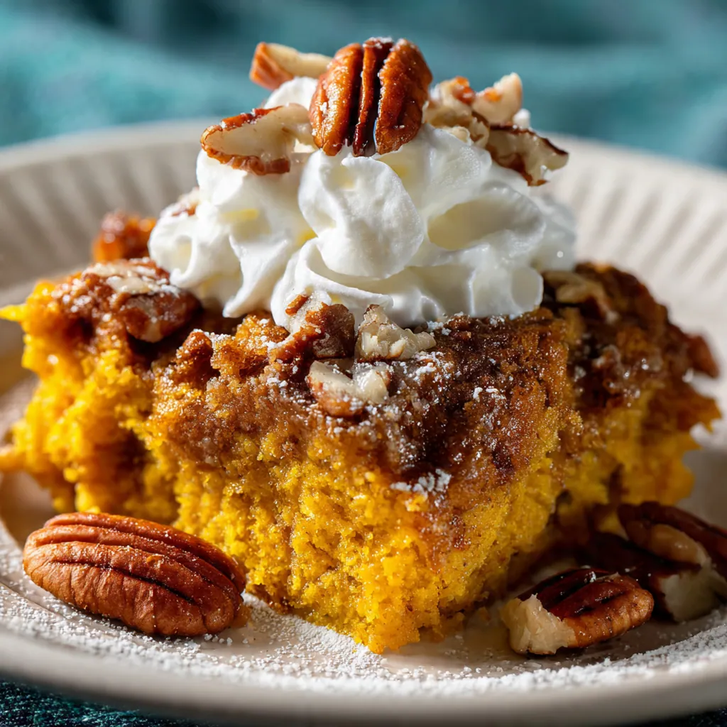 A serving of warm pumpkin dump cake in a bowl topped with melting vanilla ice cream and a sprinkle of cinnamon