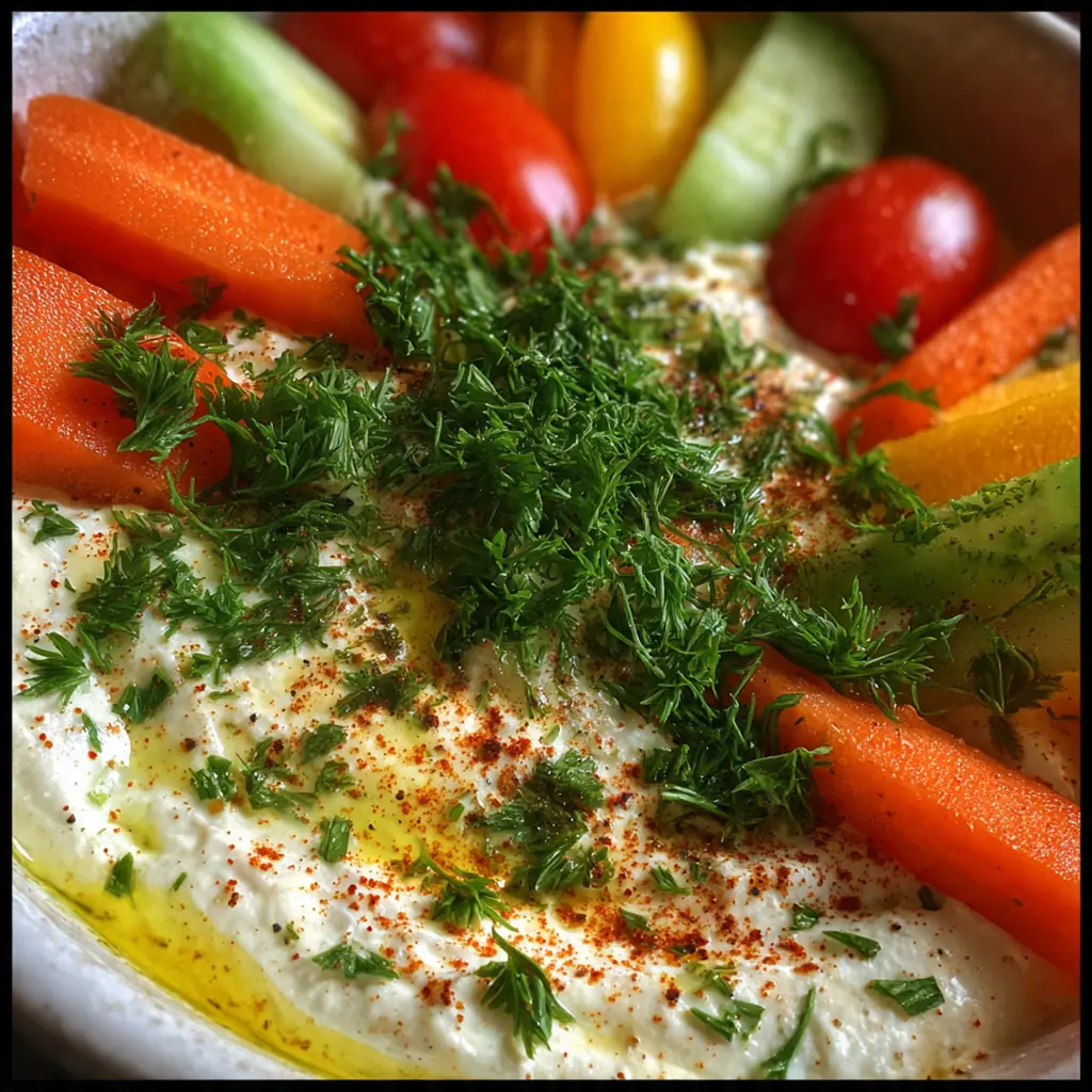 Close-up of a spoon dipping into thick tzatziki with visible shreds of cucumber and herbs