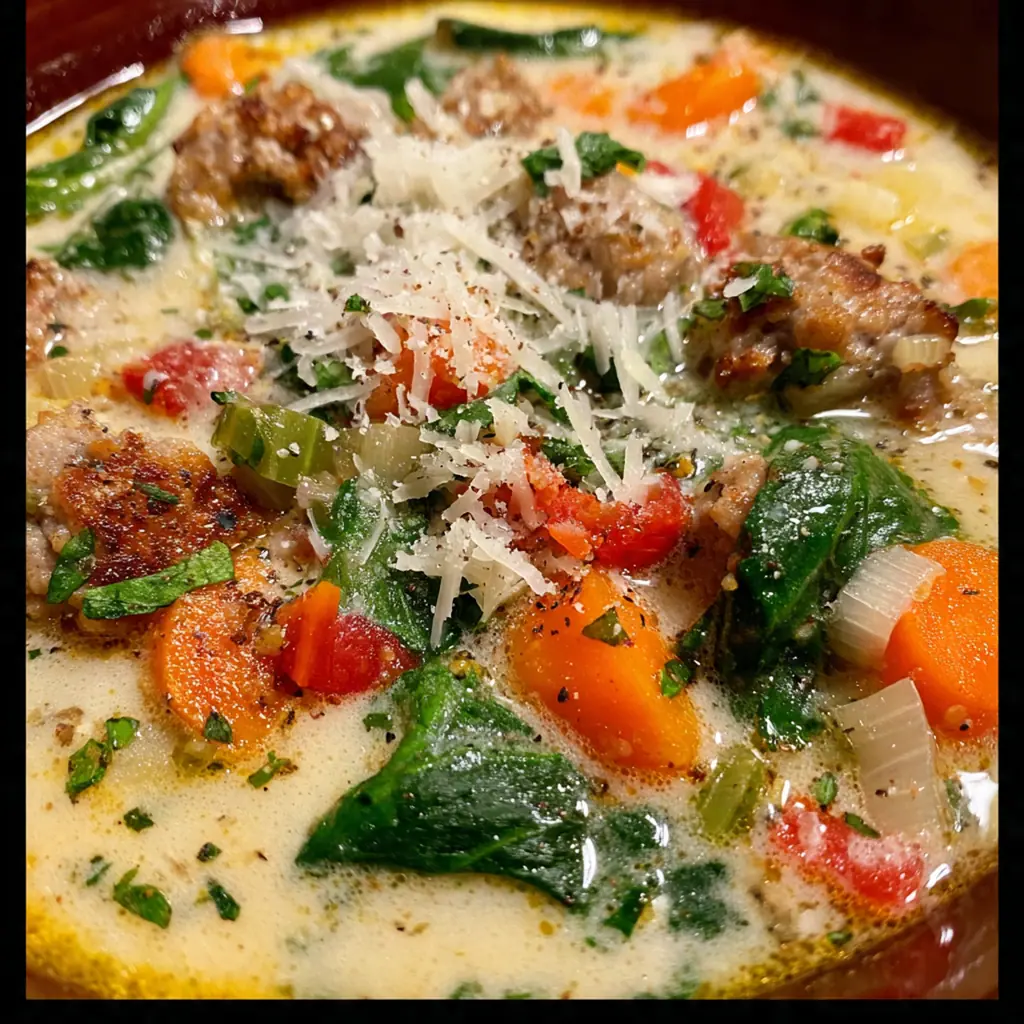 Close-up of grated Parmesan cheese melting over a ladle of hot, hearty sausage and vegetable soup
