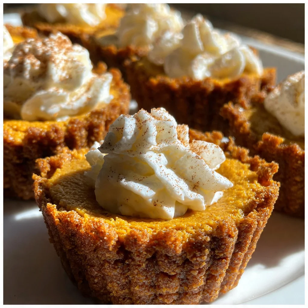 Overhead shot of pumpkin pie cups baking in a muffin tin, showing their perfectly golden edges and puffed centers.