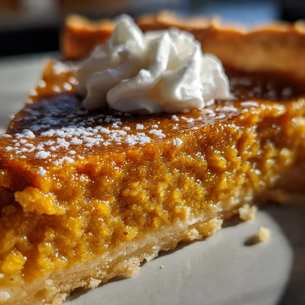 A close-up shot showing the smooth, rich, and custardy texture of the pumpkin pie filling.