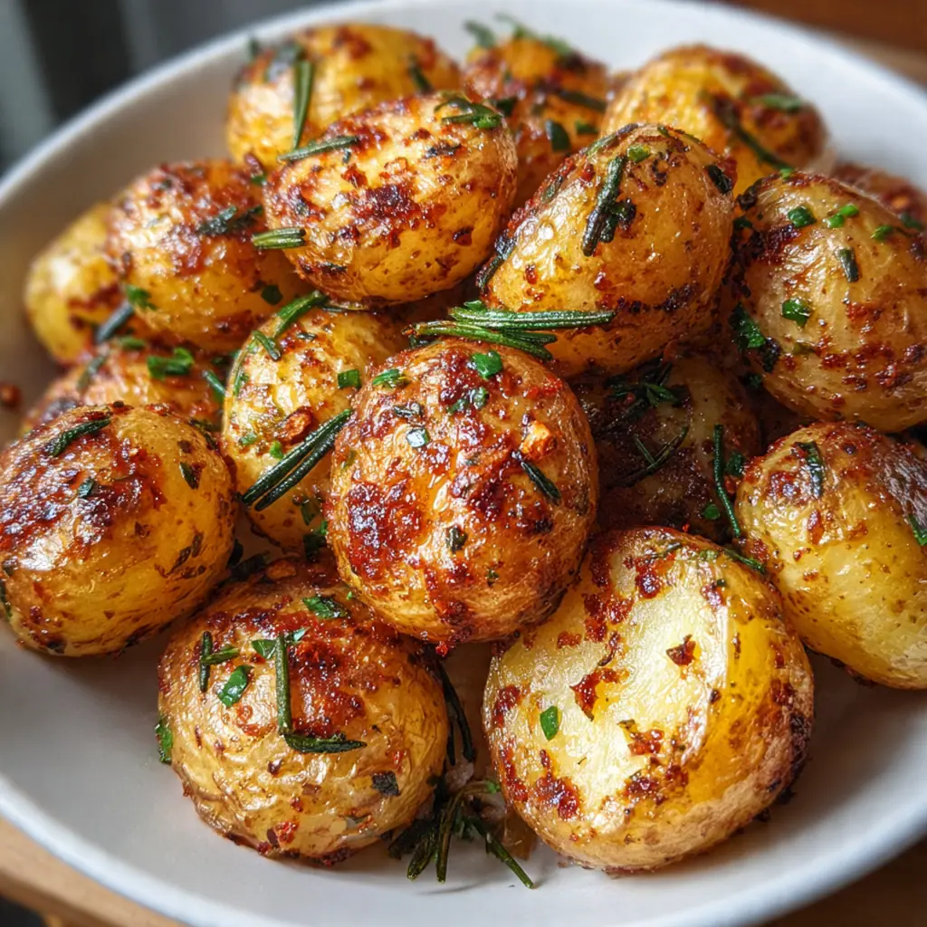 A heap of perfectly cooked rosemary garlic potatoes spilling from an air fryer basket onto a plate
