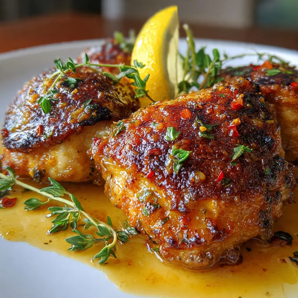 A dinner plate featuring honey mustard chicken with roasted carrots and potatoes, garnished with fresh parsley