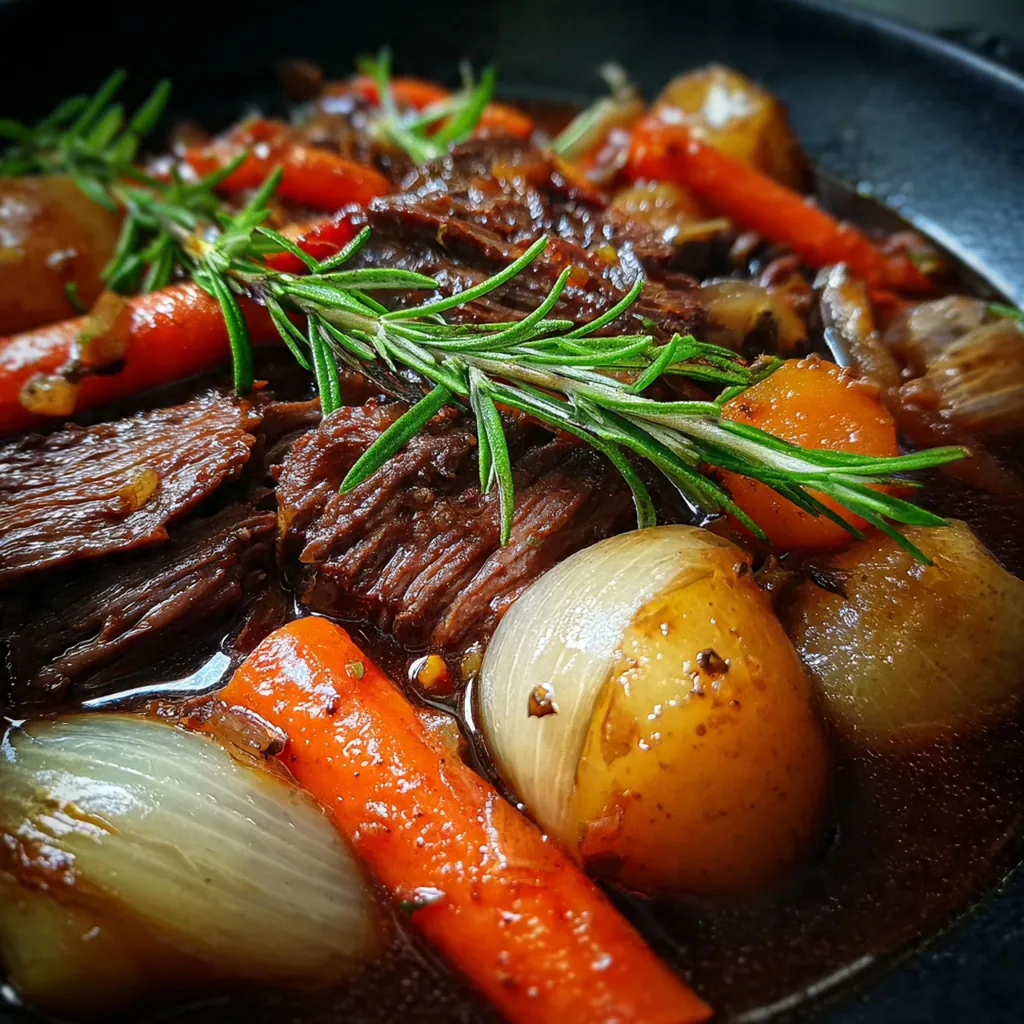 Overhead shot of a rustic table setting with a pot of beef stew and crusty bread for dipping