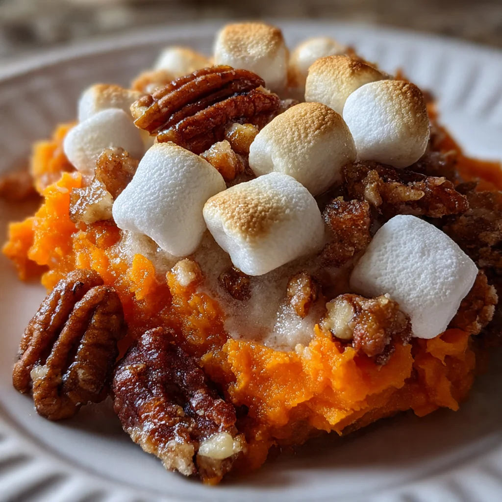 A holiday table spread featuring the classic sweet potato casserole alongside roasted turkey and other festive sides