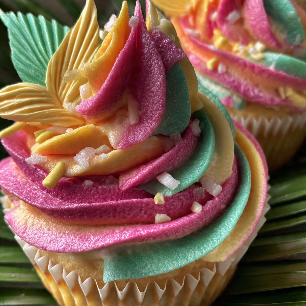 A finished vanilla cupcake topped with a beautiful swirl of buttercream and colorful rainbow sprinkles.