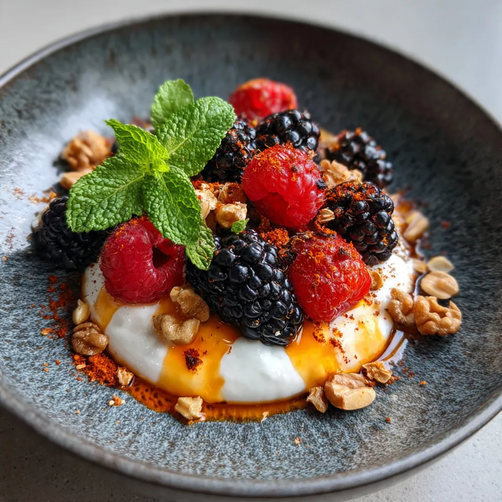 Colorful ingredients for a parfait including yogurt, honey, vanilla, oats, walnuts, and strawberries