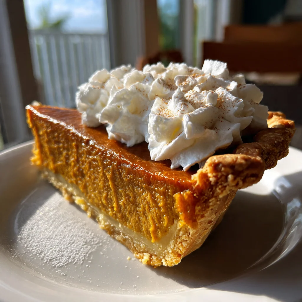Close-up shot of the smooth, creamy texture of the pumpkin pie filling meeting the flaky all-butter crust.