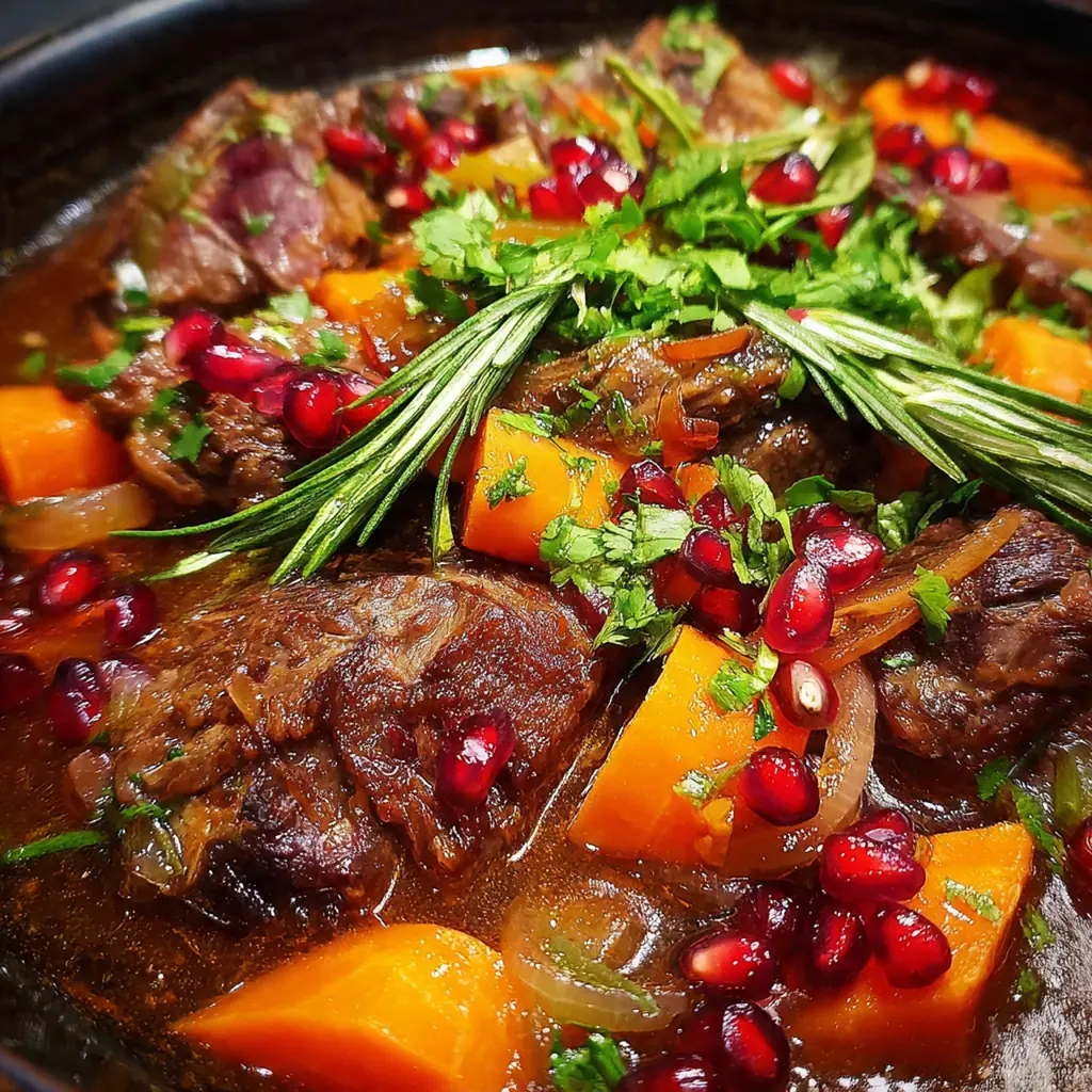 A beautifully plated bowl of fesenjan featuring succulent lamb over fluffy basmati rice, garnished with bright pomegranate arils and fresh herbs