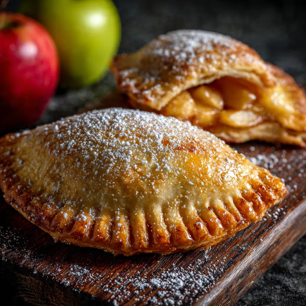 A stack of easy air fryer apple pies served with a scoop of vanilla ice cream and caramel drizzle
